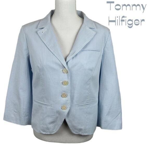 Tommy Hilfiger Blue White Pinstripe Cotton Prep Academia Blazer NWOT Size L - Picture 2 of 12